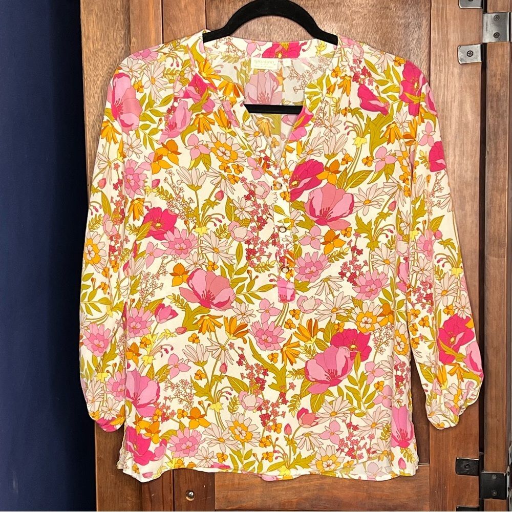 Spartina Cora Silk Floral Blouse Cottagecore Coquette Southern Belle Charm Top S - Picture 2 of 5